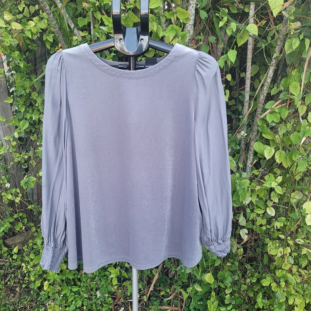 J.Jill Grey Velvet Mixed Media Top – Balloon Sleeves, Smocked Cuffs – Size M